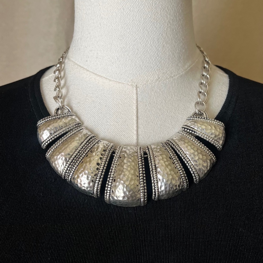 Hammered Silver Statement Bib Necklace 16-19" Chunky Sculptural Collar